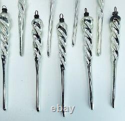 10 Vtg Antique Germany Silver Mercury Glass Twisted Icicle Xmas Ornaments