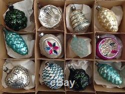 12 Antique Embossed Glass Feather Tree Xmas Ornaments German Bumpy Teal Silver