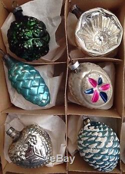 12 Antique Embossed Glass Feather Tree Xmas Ornaments German Bumpy Teal Silver