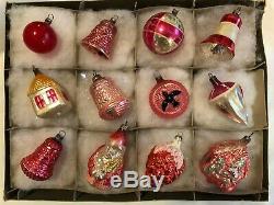 12 Antique German Rosy PINK RED Silver Blown Feather Tree XMAS ORNAMENT 1920-30