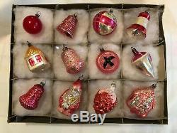 12 Antique German Rosy PINK RED Silver Blown Feather Tree XMAS ORNAMENT 1920-30