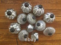 12 Large Kugel Style Silver Speckle Ribbed MERCURY GLASS Christmas Ornaments Mix