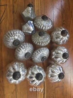 12 Large Kugel Style Silver Speckle Ribbed MERCURY GLASS Christmas Ornaments Mix