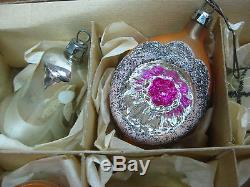 12 Vtg Pink Silver Gold Mercury Glass Indent Embossed Glitter Tree Ornament xmas