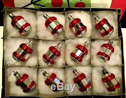 12 WWII Era Silver Lanterns Painted Red Rings Premier Glass Xmas Ornaments IOBox