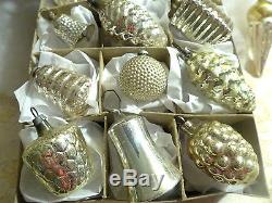 13 GREAT Embossed antique SILVER Glass Figural Feather Tree Xmas Ornaments Box