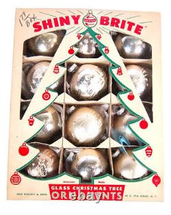 1950s LARGE Vintage SHINY BRITE Christmas Ornaments Mercury GLASS STENCILS boxed