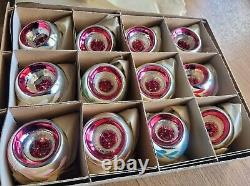 1970s Glass Christmas Ornaments Lot x12 Silver Pink Reflector indents Poland NOS