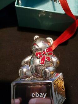 1994 Tiffany sterling Silver Christmas Ornament Teddy Bear On Block Extremely