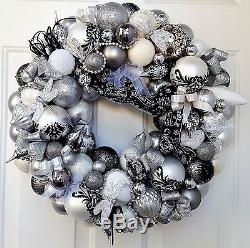 22 Black & White Silver Elegant Wreath Wedding Christmas Ornament Holiday Glass