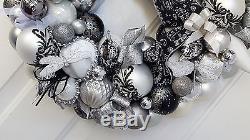 22 Black & White Silver Elegant Wreath Wedding Christmas Ornament Holiday Glass