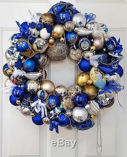 22 Vintage Glass Blue Christmas Ornament Wreath Silver Gold Birds Bows Elegant