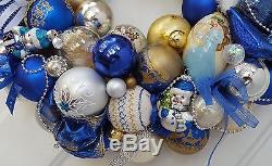 22 Vintage Glass Blue Christmas Ornament Wreath Silver Gold Birds Bows Elegant