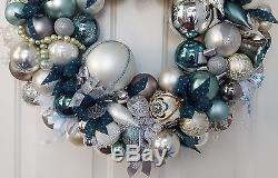 24 Glass Christmas Ornament Wreath Teal Silver White Elegant Vintage & Modern