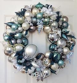 24 Glass Christmas Ornament Wreath Teal Silver White Elegant Vintage & Modern