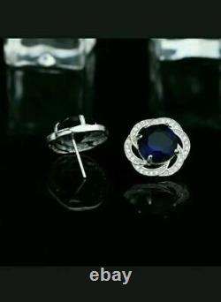 3Ct Round Cut Created Sapphire Halo Stud Earrings 14K White Gold Plated Silver