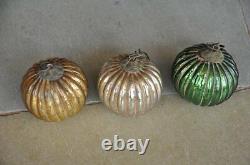 3 Pc Vintage 1.75'' Ribbed Silver, Golden & Green Original German Glass Kugels