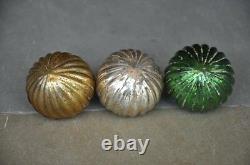 3 Pc Vintage 1.75'' Ribbed Silver, Golden & Green Original German Glass Kugels