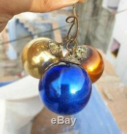 3 Pcs Vintage Rare Amber, Silver & Blue Glass Christmas Kugel / Ornament Germany