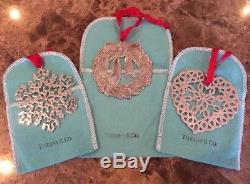 (3) TIFFANY & CO Sterling Silver 925 Christmas Ornaments Wreath & Snowflakes