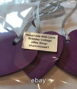3 X Christmas Decorations Shabby Chic Real Wood Heart Tree Bows Silver Purple