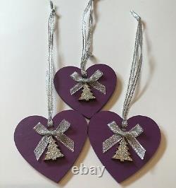 3 X Christmas Decorations Shabby Chic Real Wood Heart Tree Bows Silver Purple