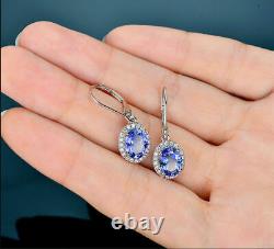 4Ct Oval Cut Blue Tanzanite Lab Created Drop Dangle Earrings14K White Gold Over