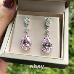 4Ct Pear Created Pink Sapphire Women Drop Earring 14K White Gold Plated Silver