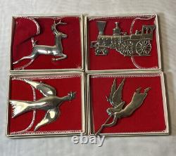 4 Gorham Sterling Silver Christmas Ornaments with Box, Bag Reindeer, Train, Dove+