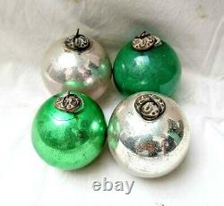 4 Pcs Original Vintage Green & Silver Glass Christmas Kugel / Ornament Germany