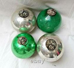 4 Pcs Original Vintage Green & Silver Glass Christmas Kugel / Ornament Germany