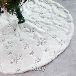 50PCS 48 Silver Christmas Tree Skirt Snowflake Plush Faux Fur Mat Xmas Ornament