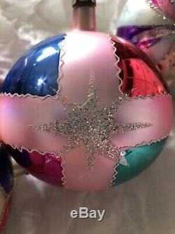 5 Lot Vintage Large 5 Poland Glass Christmas Ornaments Pink Blue Red Silver