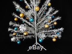 6 Ft Silver Aluminum Christmas Tree 49 Branch w Color Wheel and Glass Ornaments