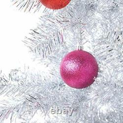 6 ft Silver Tinsel Christmas Tree + 24ct Assorted Ornament Set& Metal Stand Xmas