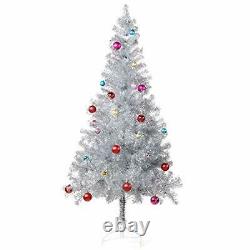 6 ft Silver Tinsel Christmas Tree + 24ct Assorted Ornament Set& Metal Stand Xmas