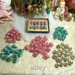 94 VTG Shiny Brite PINK Teal Silver Glass Mini Feather Tree Xmas Ornaments BELLS