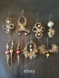 9 Antique German Victorian Tinsel Wire Mercury Glass Ball Christmas Ornaments