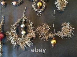 9 Antique German Victorian Tinsel Wire Mercury Glass Ball Christmas Ornaments