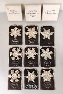 9 Beautiful GORHAM Sterling Silver Snowflake Ornaments. Boxes & Pouches 1970-77