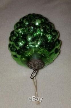 Antique Kugel Green Grape Cluster Shape Silvered Glass Christmas Ornament 4-3/4