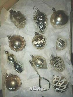 Antique Mercury Glass Silver Indent Figural Diorama Christmas Ornaments