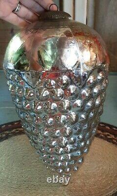 Antique RARE German Kugel BIG 12 Silver Mercury Glass Acorn Christmas Ornament