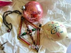 Antique Vintage Lot of 16 Mercury glass ornaments Painted pink silver teardrops