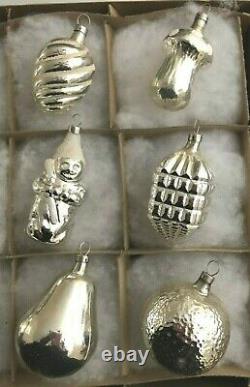 Antique Xmas Ornaments Silver Feather Tree White Snow Czechoslovakia Box of 12