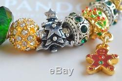 Authentic Pandora CHRISTMAS BRACELET with x-mas Tree Snowman Ornament Charms