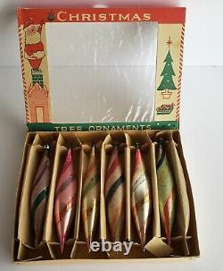 Box of 6 Antique Glass Christmas Ornaments Poland Swirl Torpedo Teardrop Lot B
