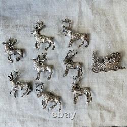 Cazenovia Rare Sterling Silver Reindeer + Sleigh Ornament Lot 8pc Christmas