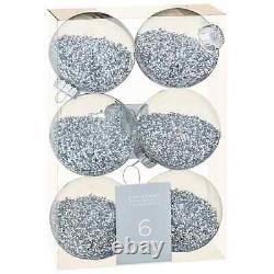 Christmas Magic Silver Colour Glitter Filled Baubles For Xmas Decoration 6 Pcs