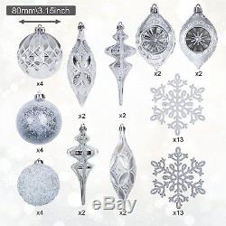 Christmas Ornament Set 50ct Silver White Shatterproof Decoration Seasonal Balls